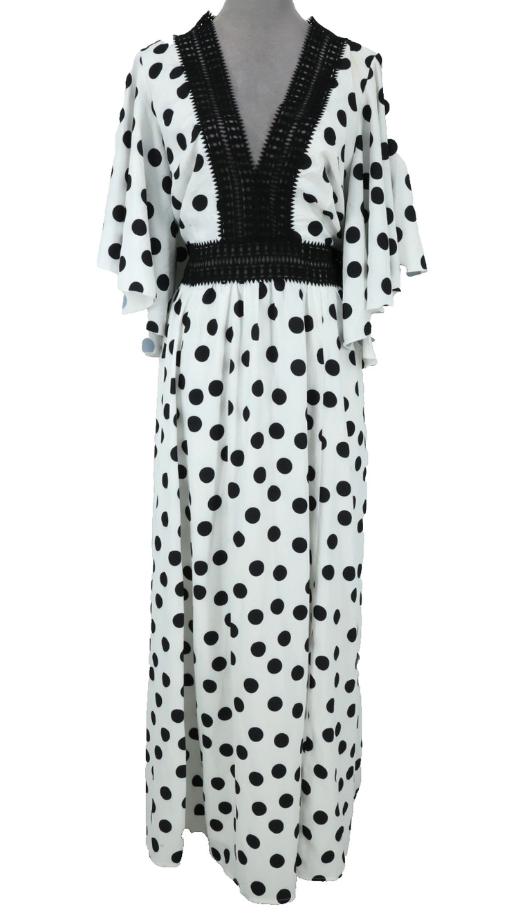 eShakti Wayward Fancies Dress Plus Size 1X White Black Polka Dot Lace Trim Lined